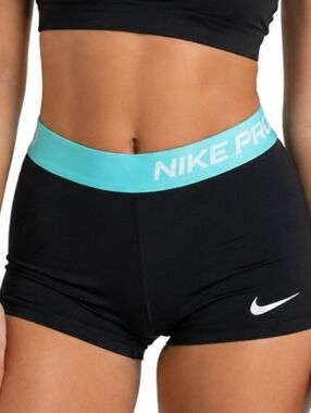 Nike Pro Dri-FIT Women’s Compression Shorts Black Teal Waistband Size Small